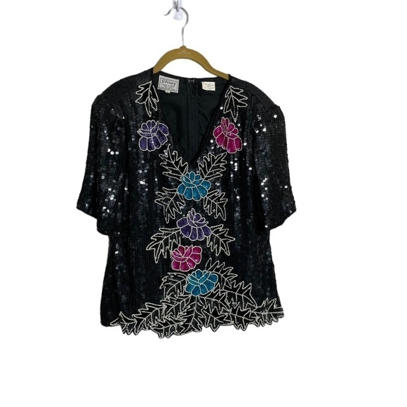 Vintage Stenay Silk Floral Black Sequin All Over Shoulder Pad Shirt Large - Picture 1 of 7
